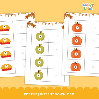 Educational worksheets with apples and letters on a yellow background, featuring the Wuffy Land brand.