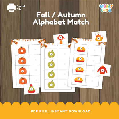 Autumn-themed alphabet matching activity featuring pumpkins, apples, pies, and cozy sweaters labeled with letters. Children can cut and match uppercase and lowercase letters for a fun fall learning exercise.