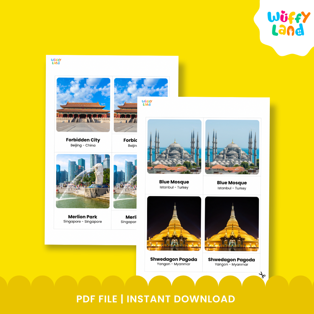 Famous Asian landmarks printable flashcards for kids featuring real photographs and matching labels for geography and cultural studies