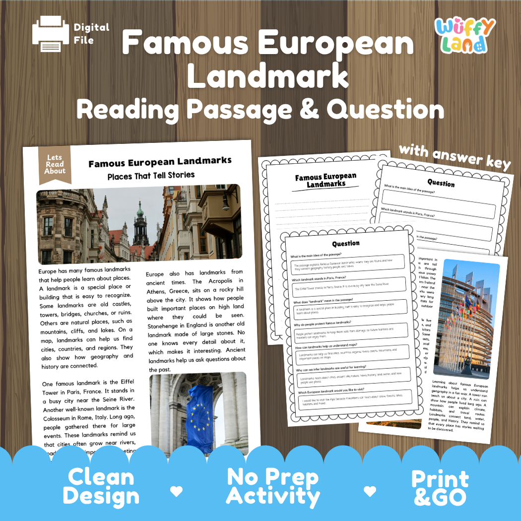 Famous European Landmarks reading comprehension passage and questions printable activity pack with answer key for elementary students
