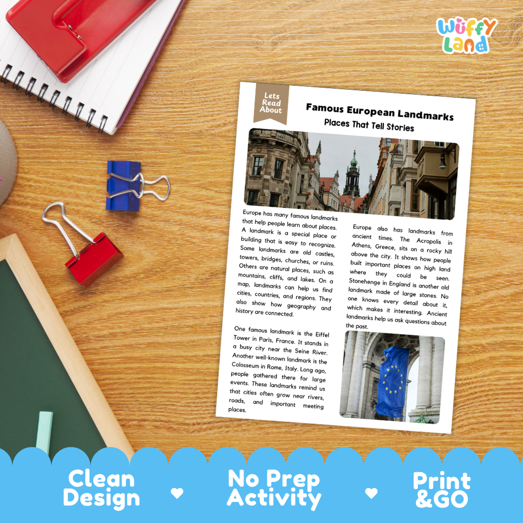 Teacher answer key page showing complete question solutions for famous European landmarks social studies reading comprehension practice