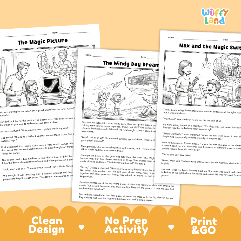 Printable reading comprehension worksheet featuring stories like The Windy Day Dream and The Peanut Wizard
