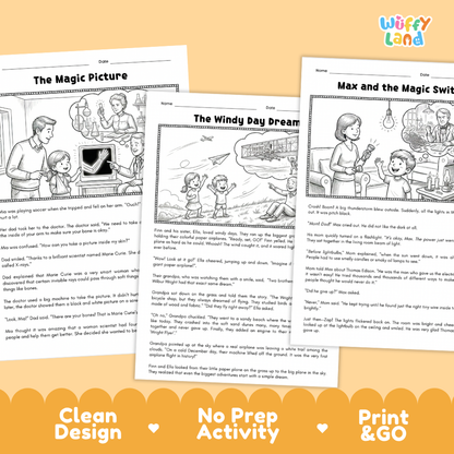 Printable reading comprehension worksheet featuring stories like The Windy Day Dream and The Peanut Wizard