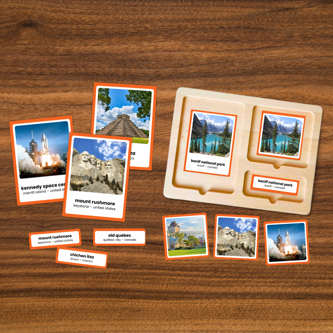 Famous North American landmarks flashcards featuring Banff National Park, Mount Rushmore, Kennedy Space Center and Chichen Itza