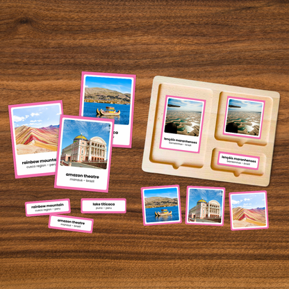 Famous South American landmarks flashcards featuring Rainbow Mountain, Lake Titicaca, Amazon Theatre and Lençóis Maranhenses