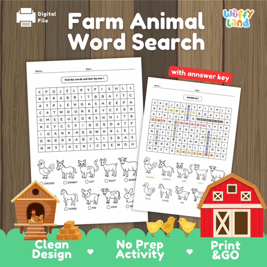 Farm Animal Word Search with answer key printable barnyard vocabulary and coloring activity pack overview from Wuffy Land 🚜🐮