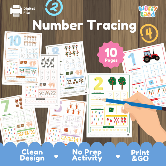 Farm-themed number tracing and early math worksheets 10-page printable bundle overview from Wuffy Land featuring tractor, trees, and hands-on handwriting practice 🚜🌾