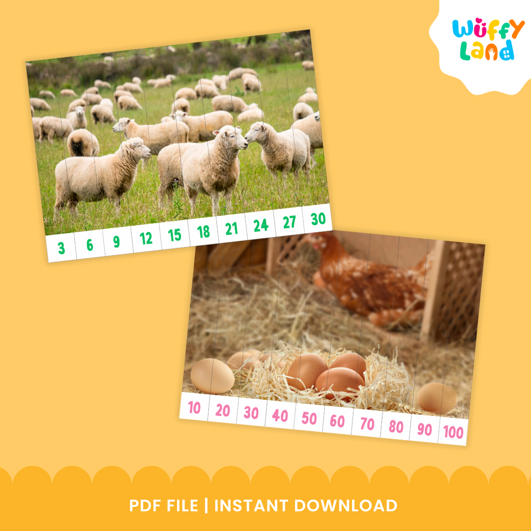 Two educational farm-themed skip counting puzzles: the top shows a flock of sheep in a green field with numbers 3 to 30 for counting by threes, and the bottom shows eggs in a nest with numbers 10 to 100 for counting by tens.