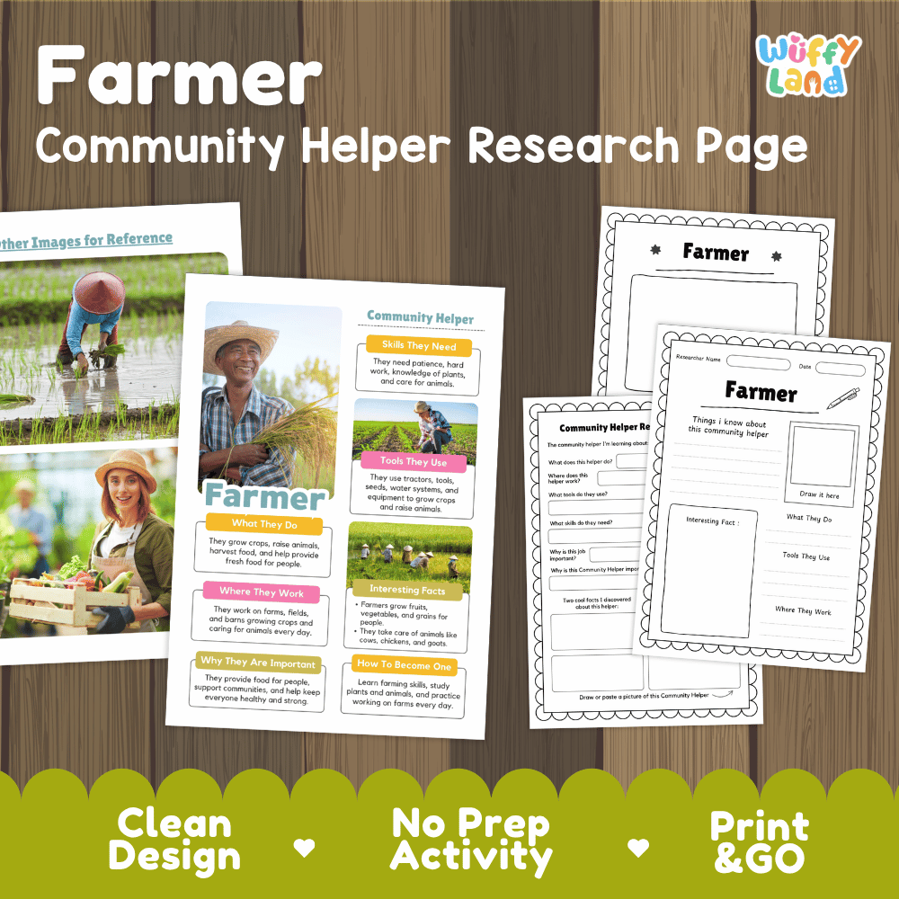 Farmer community helper research page writing worksheets pack featuring real photos and student activity pages for elementary social studies and science