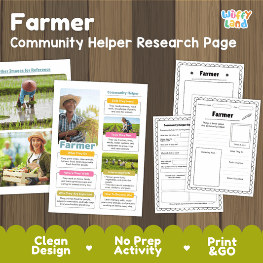 Farmer community helper research page writing worksheets pack featuring real photos and student activity pages for elementary social studies and science