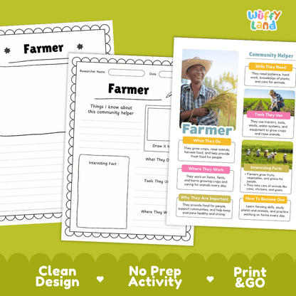Educational reference poster with real photography showing farmer duties, tractor and farm tools, outdoor field workplace, and interesting facts