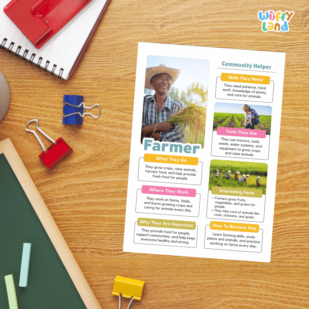 Guided student writing worksheets with lined sections for recording facts and a dedicated box for drawing or pasting a picture of a farmer
