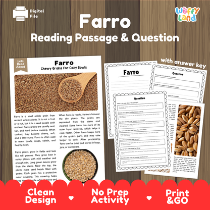 Farro Reading Passage and Comprehension Questions Worksheets with Answer Key