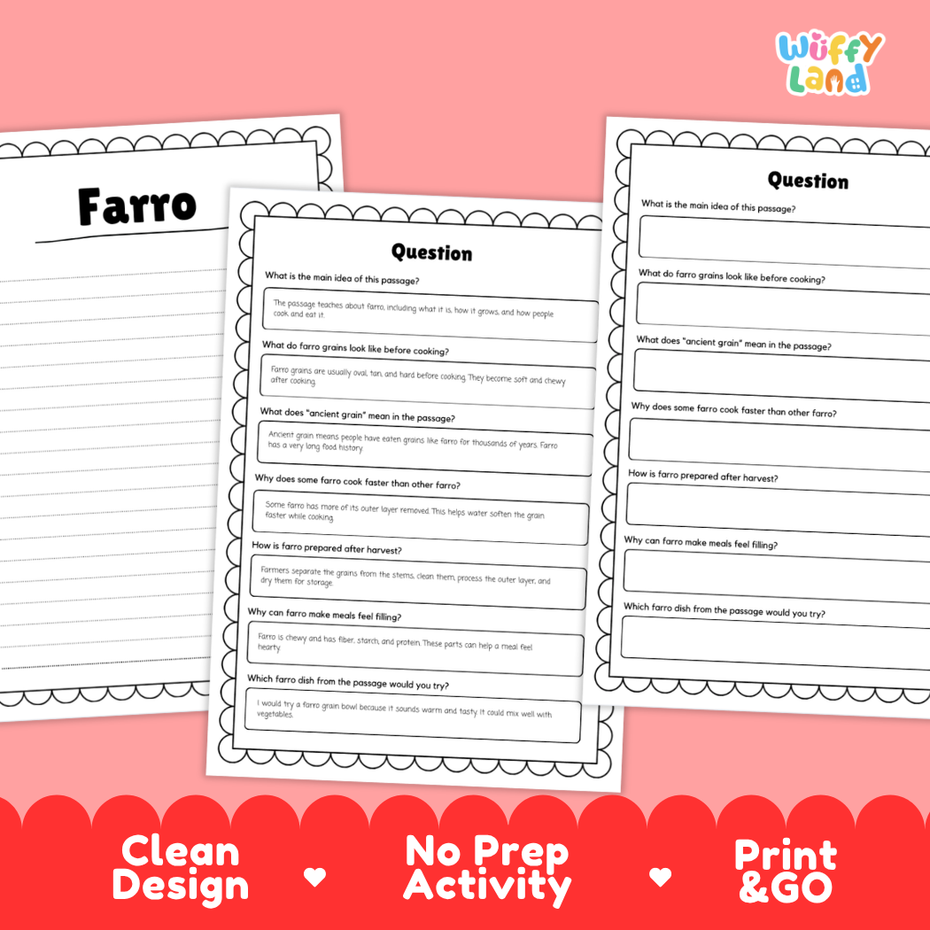 Farro Reading Passage and Comprehension Questions Worksheets with Answer Key