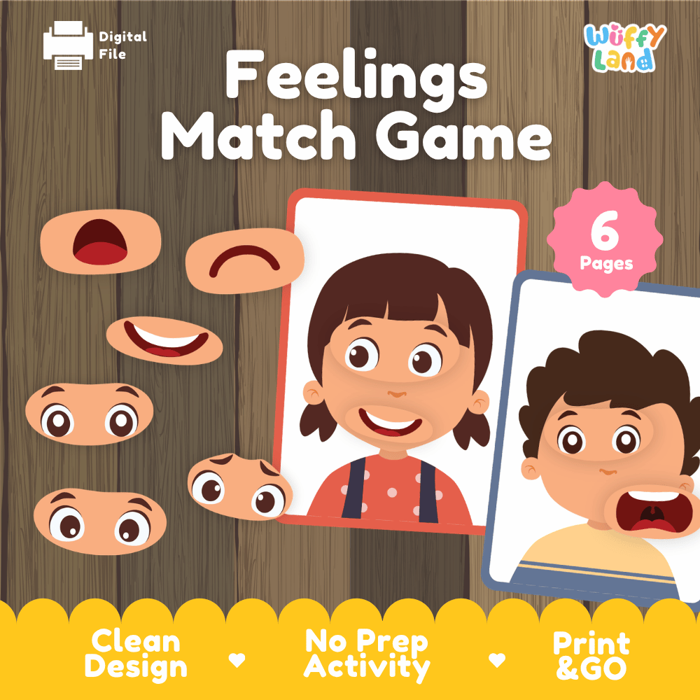 Feelings match game printable social emotional learning activity pack overview from Wuffy Land featuring 6 activity pages 😊❤️