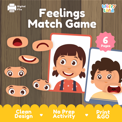 Feelings match game printable social emotional learning activity pack overview from Wuffy Land featuring 6 activity pages 😊❤️