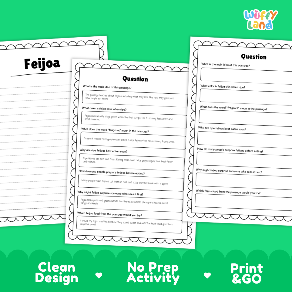 Informational reading passage page detailing the feijoa fruit green skin fragrant pulp shrub care and harvest with photos