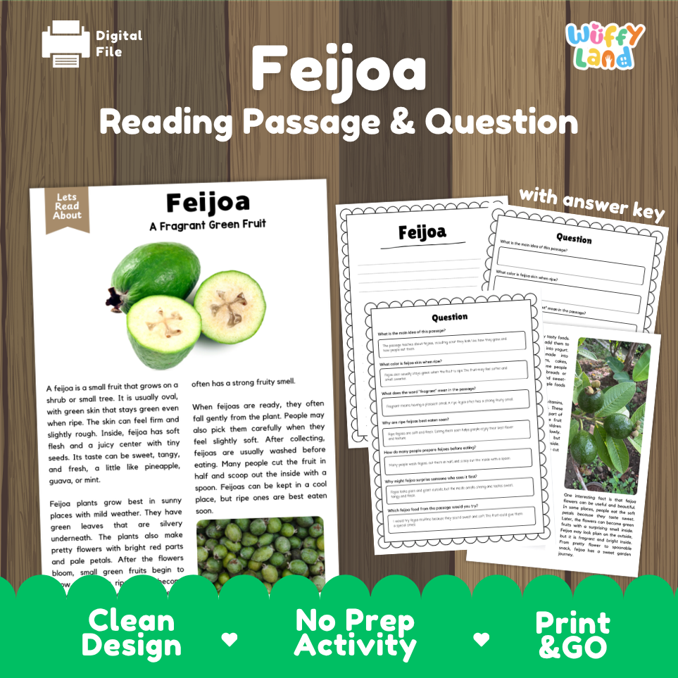 Feijoa reading comprehension passage and questions printable activity pack with answer key for elementary students