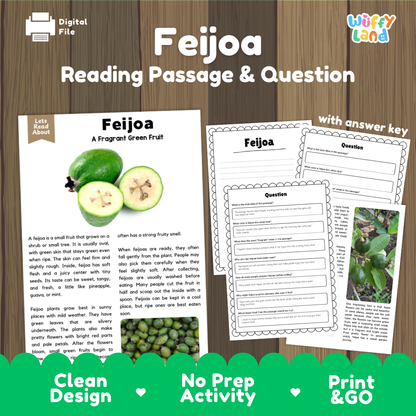 Feijoa reading comprehension passage and questions printable activity pack with answer key for elementary students