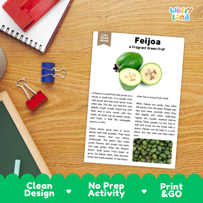 Student reading comprehension worksheet with short-answer questions and lined sections about the feijoa fruit