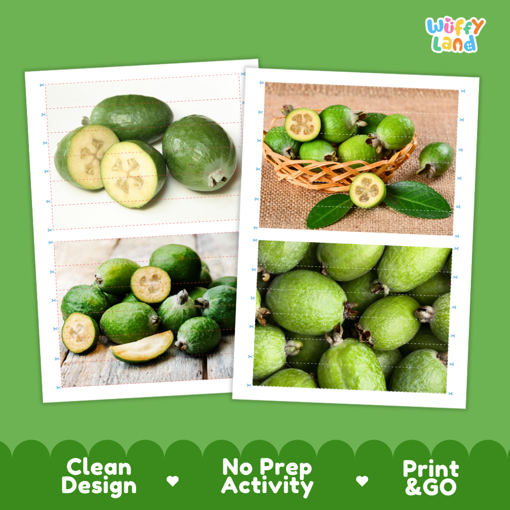 Printable activity sheets featuring photographic feijoa puzzle boards and cutting guides