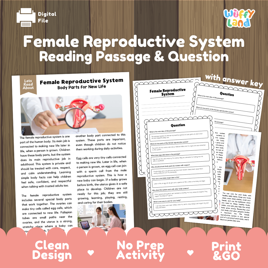 Female reproductive system reading comprehension passage and questions printable activity pack with answer key for elementary students