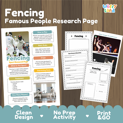 Fencing themed educational resource pack by Wiffy Land, featuring a colorful 'Fencing Famous People Research Page' and several printable activity sheets arranged on a dark wood background with a blue promotional banner at the bottom.