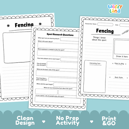 Three printable fencing activity sheets arranged on a light blue background, with the brand name 'Wiffly Land' in the top right. The sheets include writing prompts, a research questions section, and a fact box.