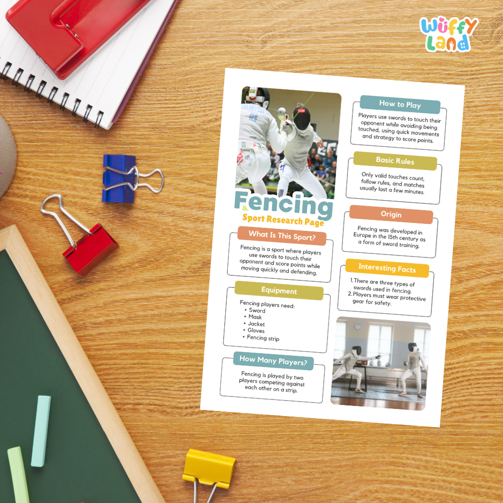 A printed fencing sport research page laid on a wooden desk, surrounded by school supplies including a red spiral notebook, blue and red binder clips, a green chalkboard, and a pencil. The page has colorful headers and text blocks about fencing rules, equipment, and players, with small inset photos of fencers and a foil.