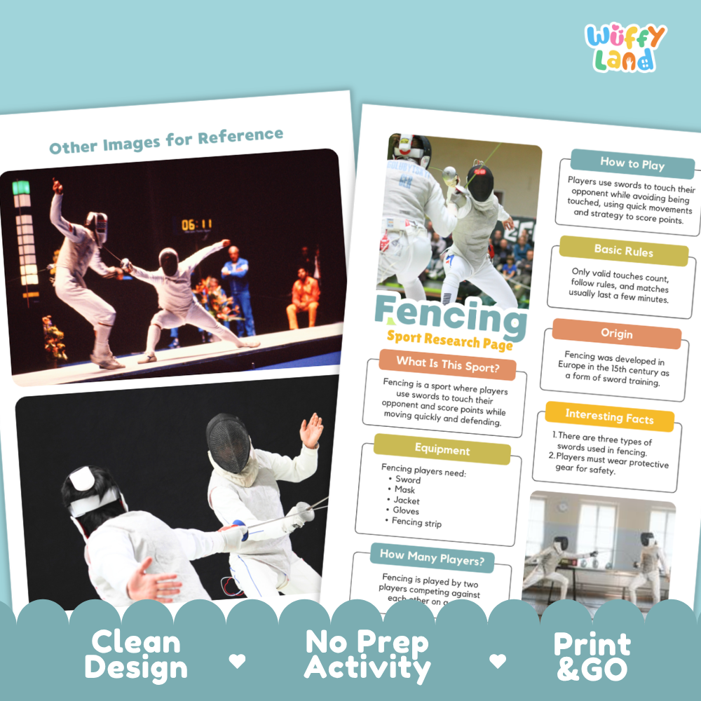 A printed fencing activity poster and instruction sheet displayed on a light blue background. The sheet includes photos of fencers, text boxes about rules and equipment, and decorative badges reading 'Clean Design', 'No Prep Activity', and 'Print & GO'.