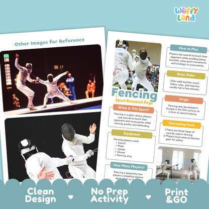 A printed fencing activity poster and instruction sheet displayed on a light blue background. The sheet includes photos of fencers, text boxes about rules and equipment, and decorative badges reading 'Clean Design', 'No Prep Activity', and 'Print & GO'.