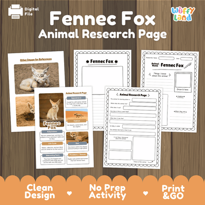 Fennec Fox Animal Research Page Worksheets and Fact Sheet