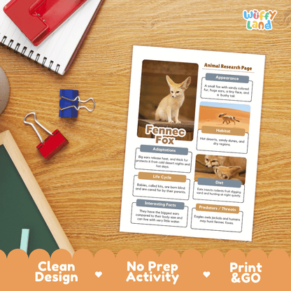 Fennec Fox Animal Research Page Worksheets and Fact Sheet