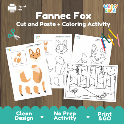 Fennec Fox Cut and Paste Craft and Coloring Activity Worksheets
