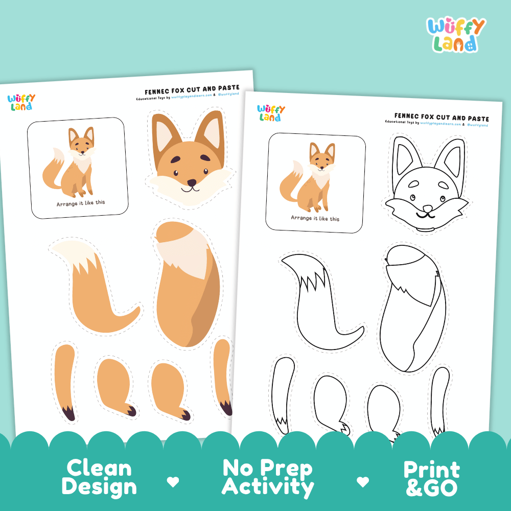 Fennec Fox Cut and Paste Craft and Coloring Activity Worksheets
