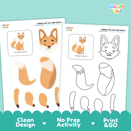Fennec Fox Cut and Paste Craft and Coloring Activity Worksheets