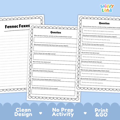Three printable educational activity sheets for 'Fennec Foxes' by Wiffly Land, displayed on a light blue background with decorative scalloped borders and text reading 'Clean Design', 'No Prep Activity', and 'Print & GO'.