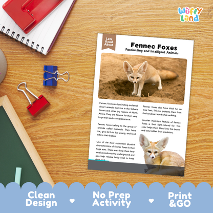 An educational activity sheet about fennec foxes is displayed on a wooden desk with school supplies. The sheet has a clean white background with a brown header, a photo of two fennec foxes, and text about them.