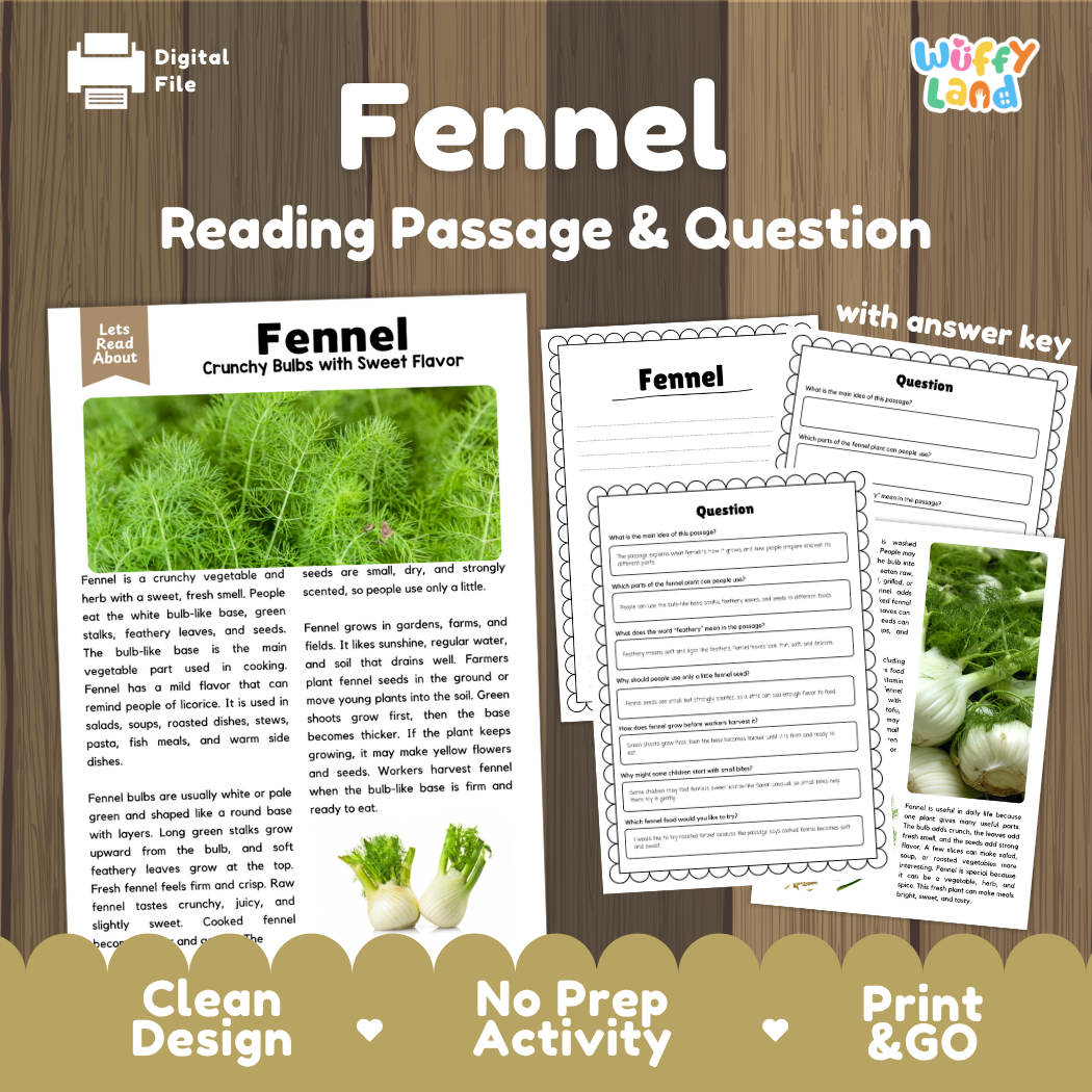 Fennel reading comprehension passage and questions printable activity pack with answer key for elementary students