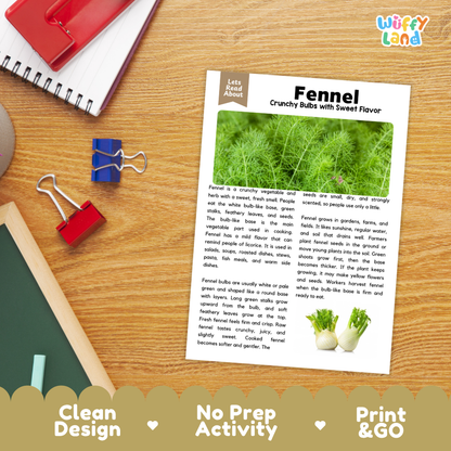 Student reading comprehension worksheet with short-answer questions and lined sections about fennel vegetable and herb plants