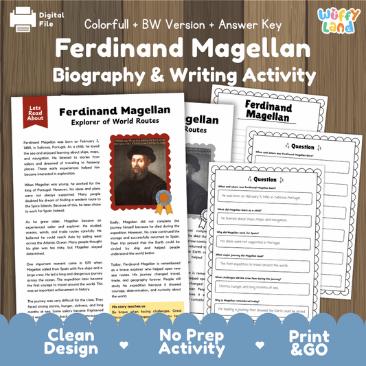 Ferdinand Magellan biography reading comprehension worksheets with nonfiction passage, comprehension questions, writing activity and answer key for students