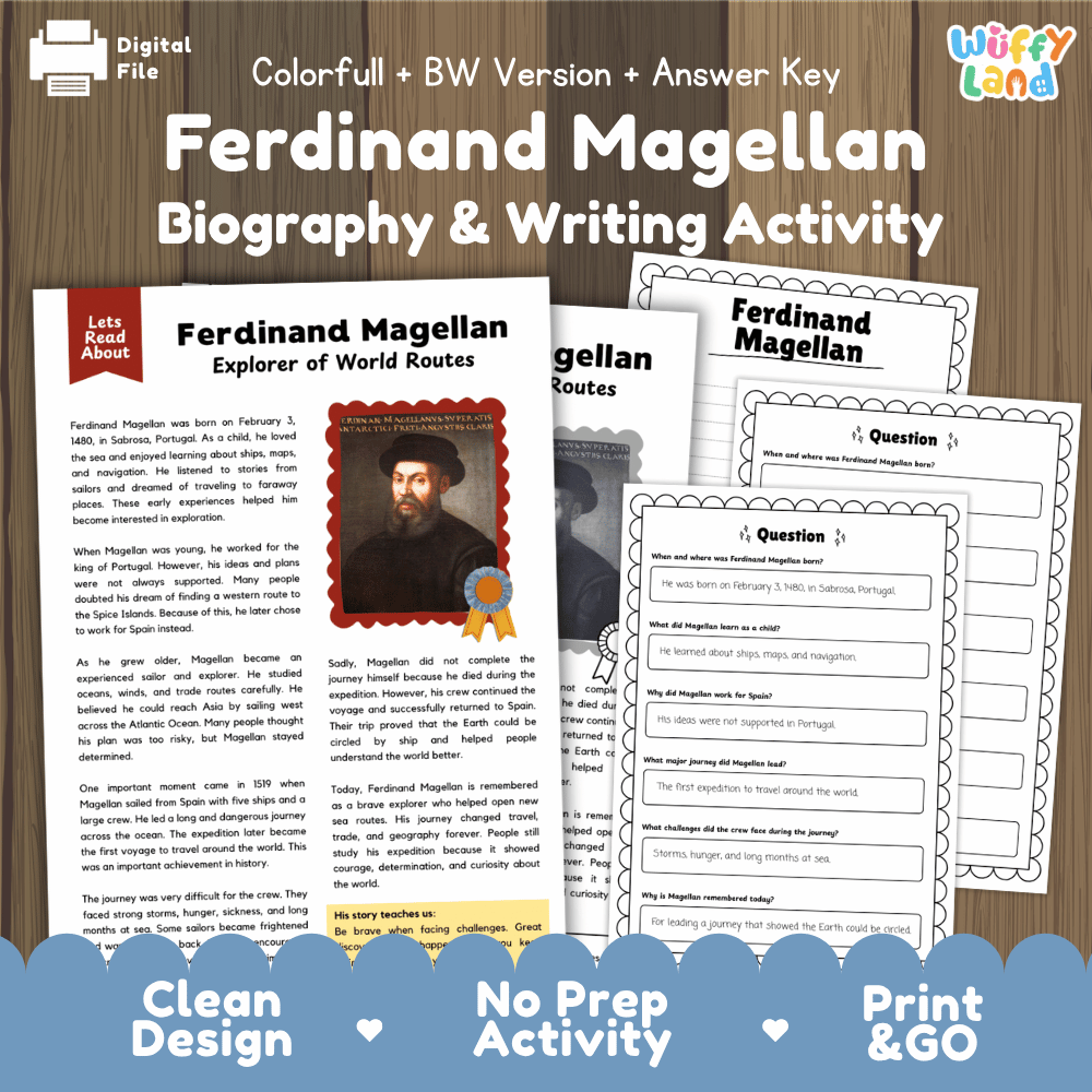 Ferdinand Magellan Biography Reading Passage and Writing Activity Worksheets