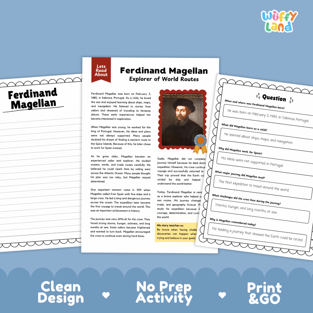 Ferdinand Magellan Biography Reading Passage and Writing Activity Worksheets