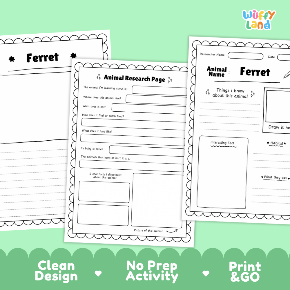 Three printable animal research worksheet pages about a ferret are shown on a mint green background with decorative text at the bottom reading 'Clean Design', 'No Prep Activity', and 'Print & GO'. The pages are black-and-white templates with fields for animal name, researcher name, date, observations, and a drawing area.