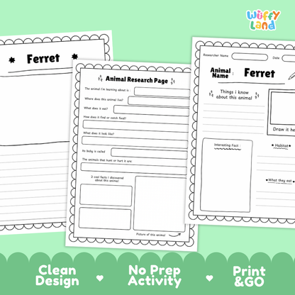 Three printable animal research worksheet pages about a ferret are shown on a mint green background with decorative text at the bottom reading 'Clean Design', 'No Prep Activity', and 'Print & GO'. The pages are black-and-white templates with fields for animal name, researcher name, date, observations, and a drawing area.