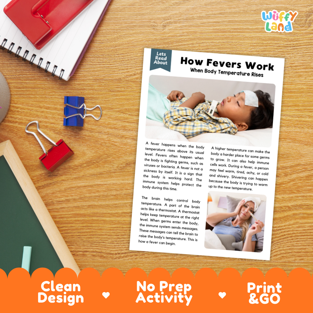 Printable student worksheet with short-answer reading comprehension questions covering fevers and human biology