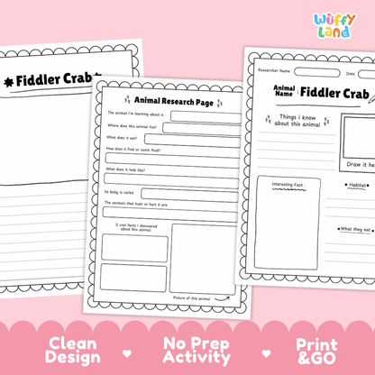 Fiddler Crab Animal Research Page and Worksheets