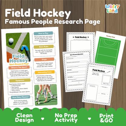 Field Hockey Sport Research Project Worksheets and Fact Sheet