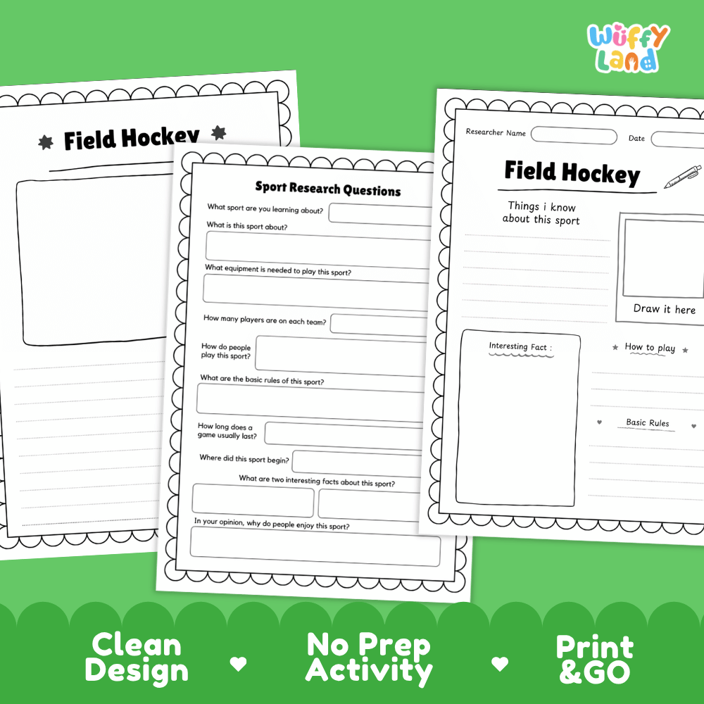 Field Hockey Sport Research Project Worksheets and Fact Sheet