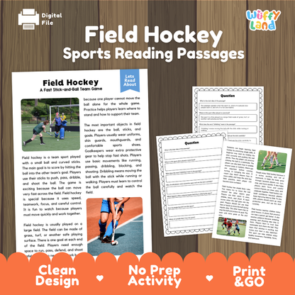 Field Hockey Sports Reading Passages and Comprehension Questions Worksheets